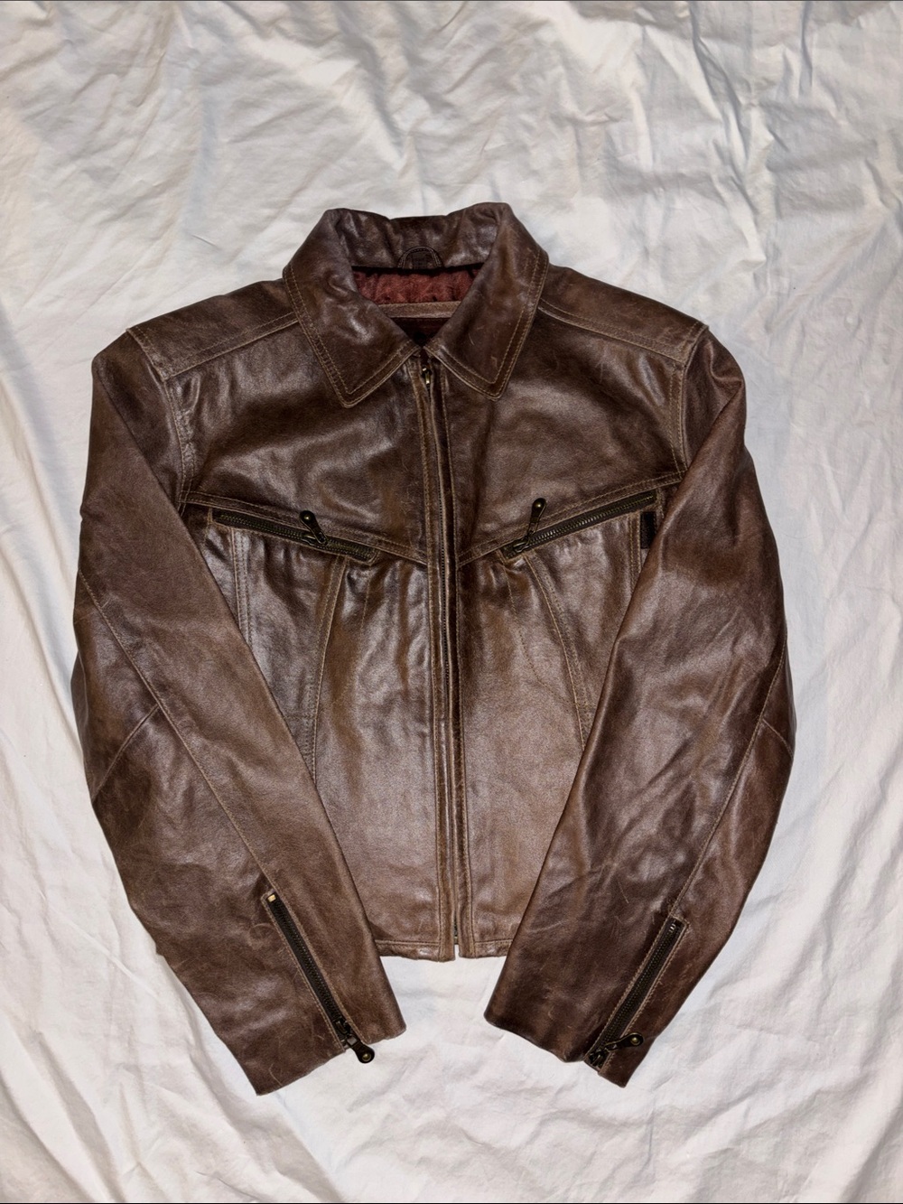 GUESS Vintage Brown Genuine Leather Women’s Distressed Bomber Jacket - Small